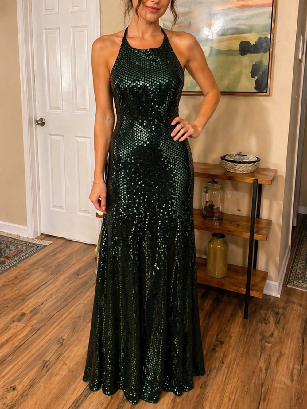 Vintage Sequin Halter Maxi Dress Green Disco Glam Studio 54 Evening Gown Medium